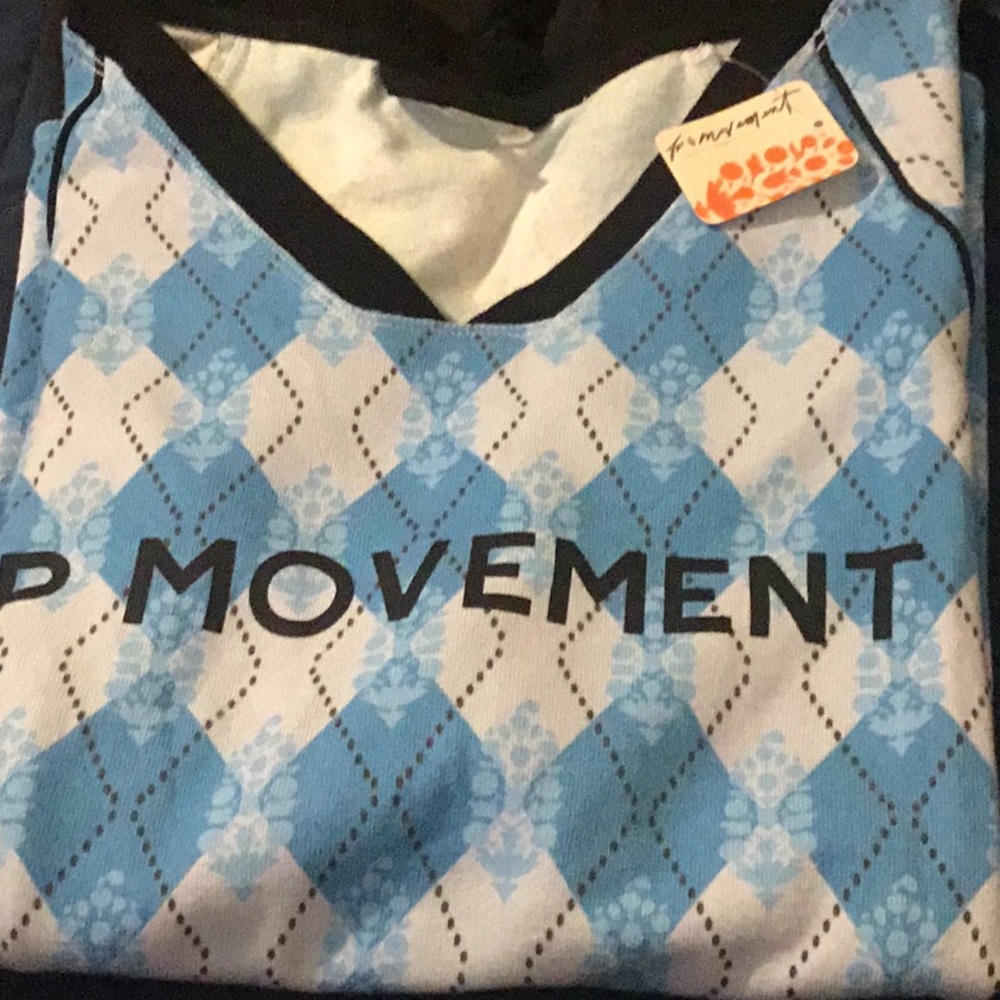 NWT Free People Movement Blue Baseline Argyle V-Neck Tee with Black Trim
